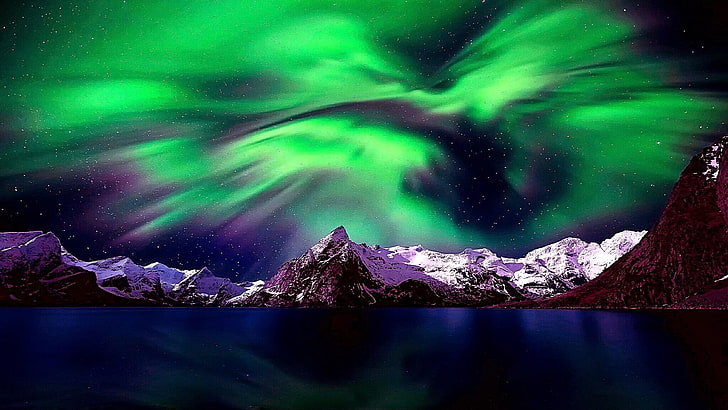 northern lights, mountain, snow, night, stars, HD wallpaper