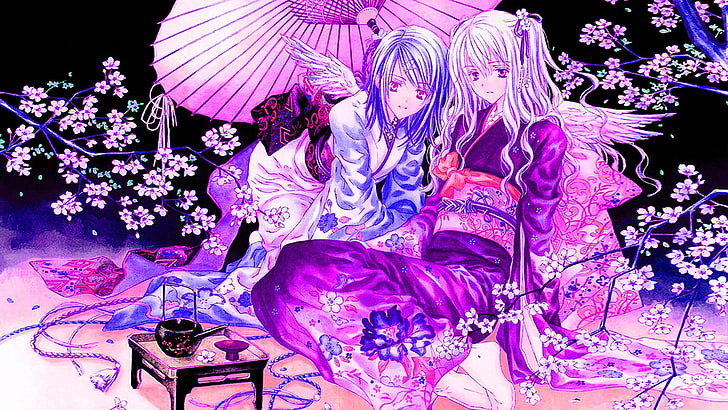 anime, anime girls, kimono, wings, cherry blossom, Japanese umbrella