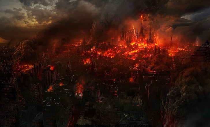 fire covered village digital wallpaper, cityscape, apocalyptic