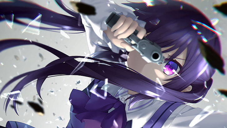 purple-haired female in uniform holding pistol anime digital wallpaper