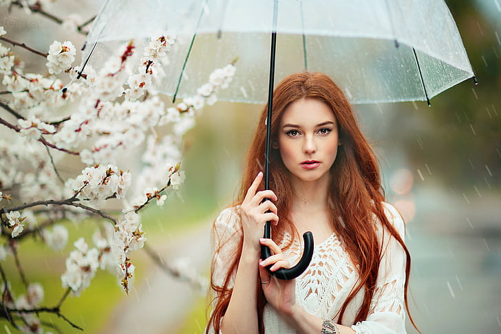 women, redhead, long hair, brown eyes, women outdoors, rain