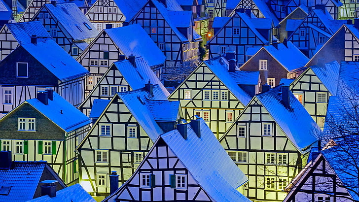 winter, roof, lights, Windows, home, the evening, Germany, North Rhine-Westphalia, HD wallpaper