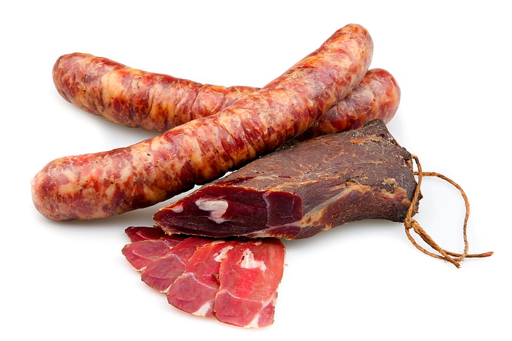 raw sausage and meat, smoked, tasty, food, pork, beef, fat, meal