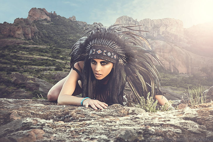 women's black top, rock, headdress, women outdoors, feathers, HD wallpaper