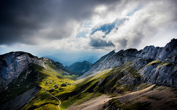 Mount Pilatus, Switzerland, mountains, valley, clouds