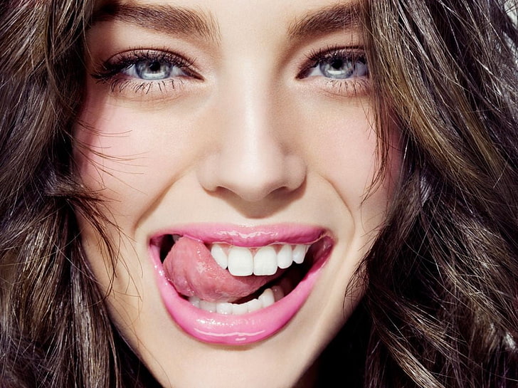 women's pink lipstick, face, tongues, eyes, licking, portrait, HD wallpaper