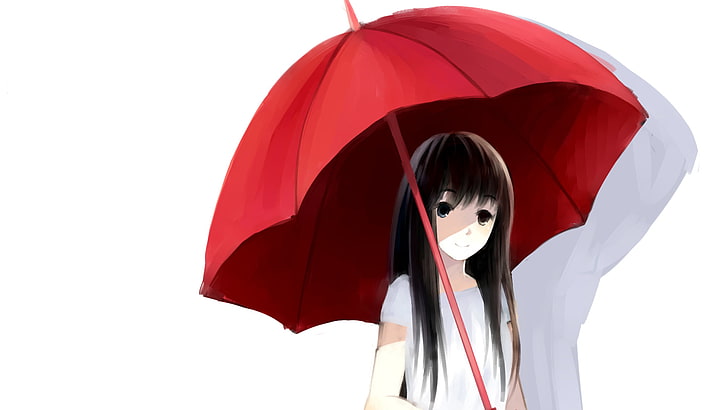 anime, umbrella, anime girls, black hair, blue eyes, red, white background