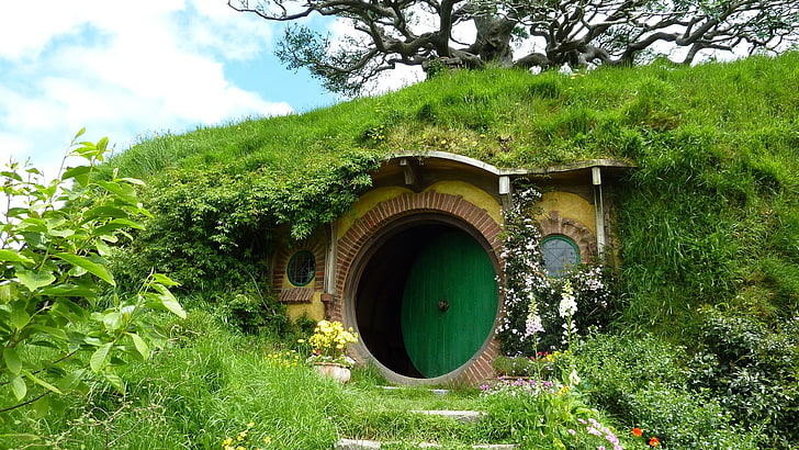 nature, flowers, Hobbiton, green, door, house, landscape, New Zealand, HD wallpaper