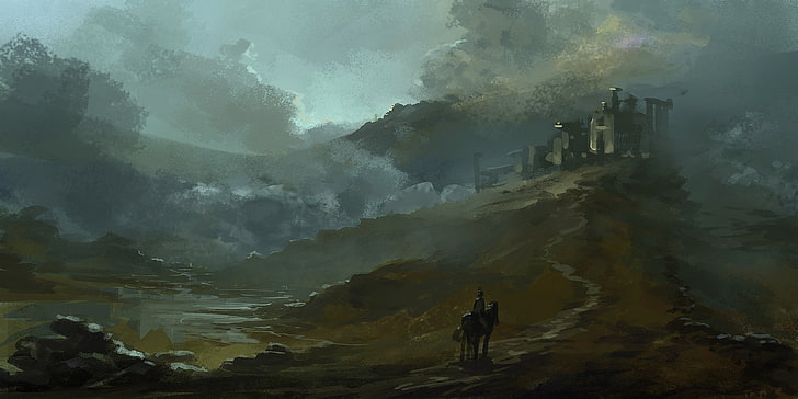 castle on mountain painting, digital art, nature, landscape, sky