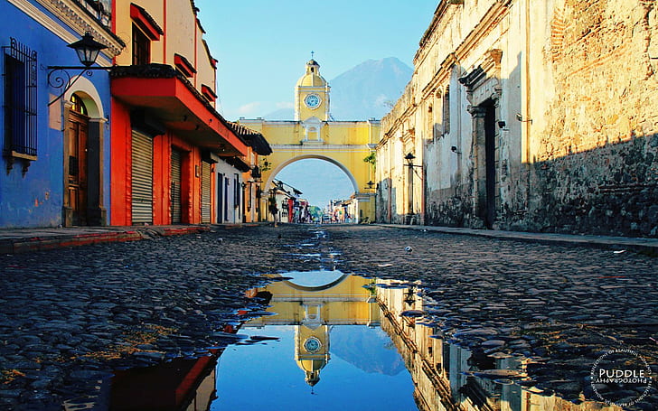 South America, clocktowers, reflection, street, people, water