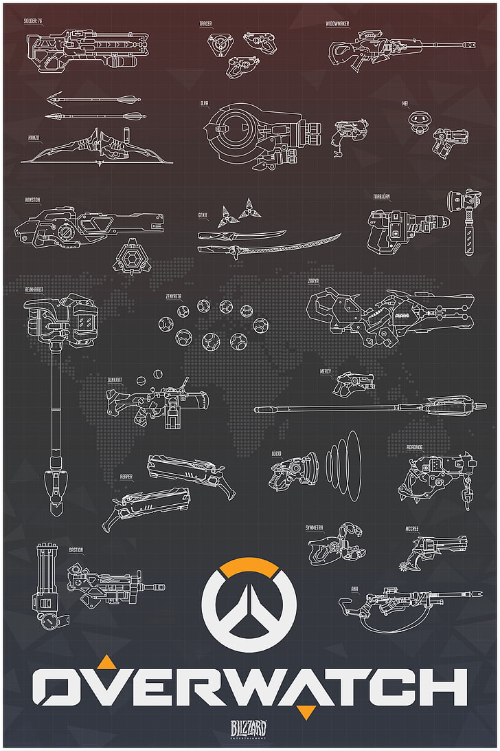 black and white weapons diagrams, Overwatch, Overwatch Anniversary, HD wallpaper
