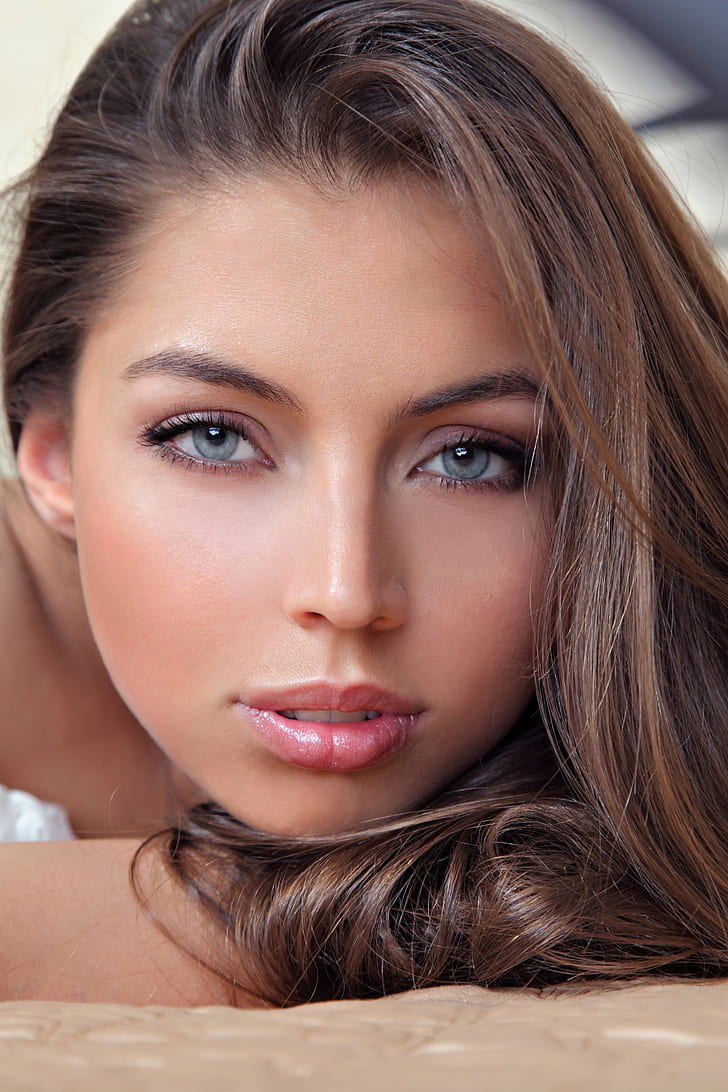 women, blue eyes, brunette, model, Valentina Kolesnikova, portrait, HD wallpaper