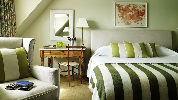 white and green bed comforter set, room, design, interior, bedroom, HD wallpaper