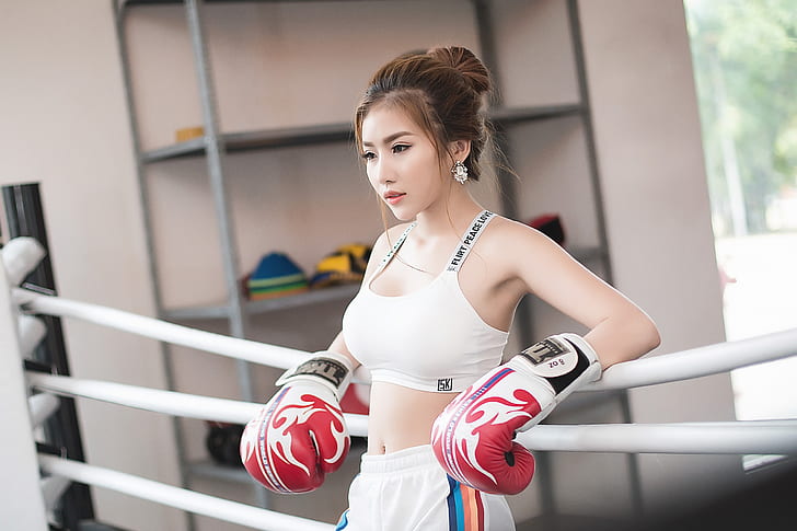 Asian, boxing gloves, women, model