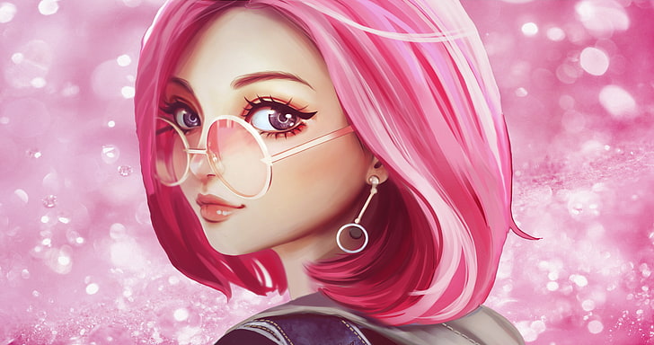 women, pink hair, glasses, digital art, pink color, beauty