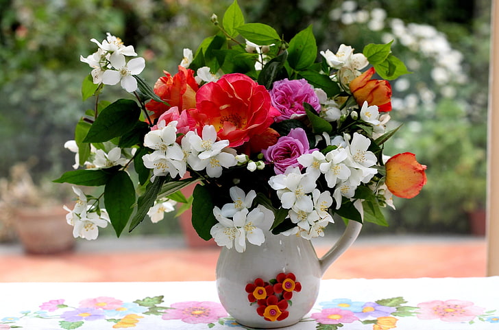 assorted-color petaled flower arrangement, rose, jasmine, flowers, HD wallpaper