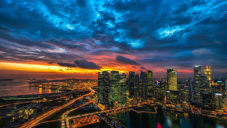 cityscape, city lights, sky, metropolis, skyline, singapore, HD wallpaper