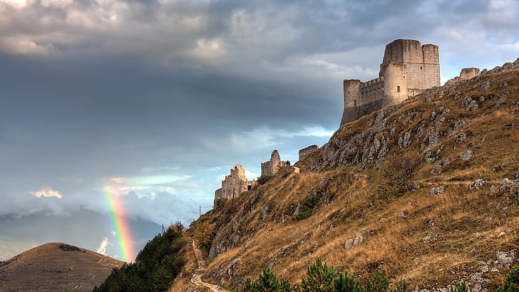 castle, ruins, rainbows, Italy, Rocca Calascio, HD wallpaper