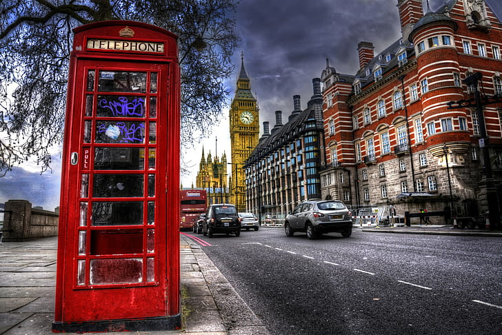 London, England, Big Ben, big ben london telephone booth and cars