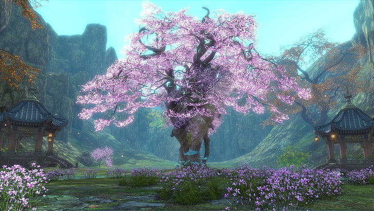 cherry blossoms tree drawing illustration, PC gaming, Blade & Soul, HD wallpaper