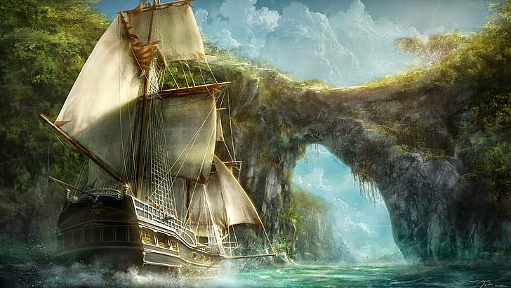 white and brown sailing boat painting, fantasy art, ship, nature