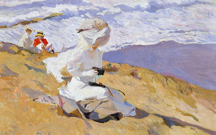 women, shore, picture, slope, Joaquin Sorolla, To Catch The Moment