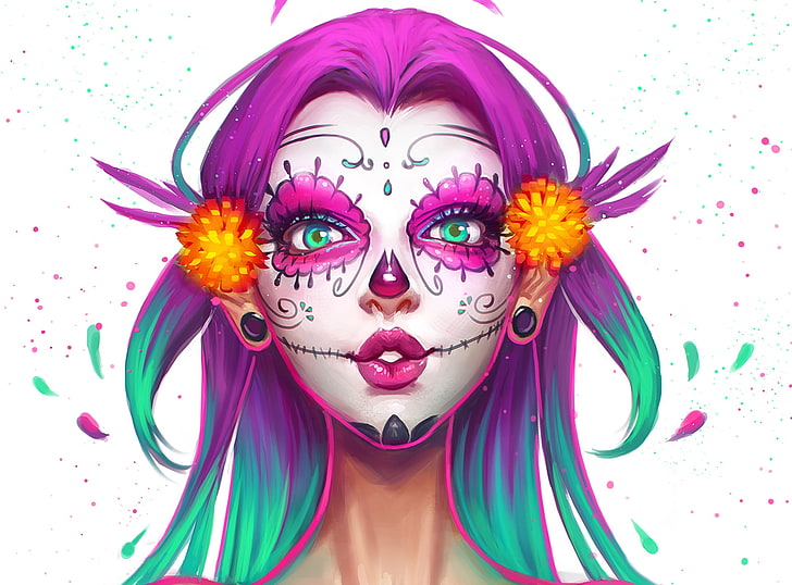 day of the dead woman painting, girl, face, skull, beauty, makeup