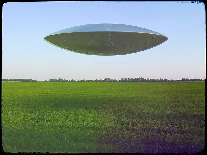 round gray unidentified flying object, field, the sky, UFO, technology, HD wallpaper