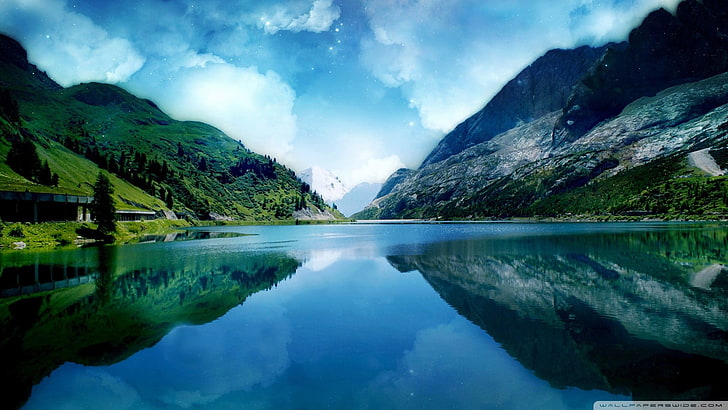 lake digital wallpaper, body of water with reflection of mountain