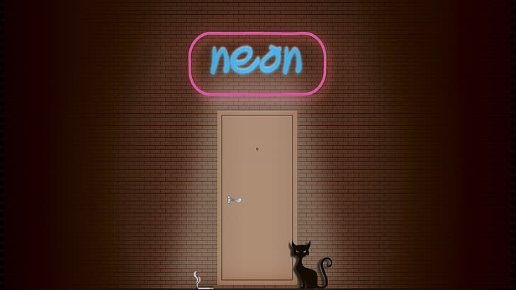 cat, wall, smoke, neon, cigarette, sign, black cat, brick wall