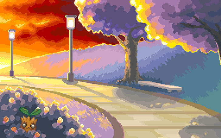 pixel art of path with lampposts, Pokémon, video games, pixels