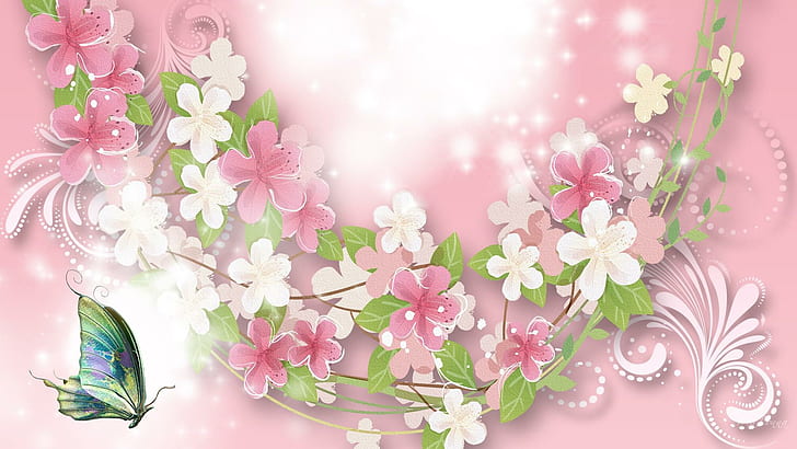 Feminine In Pinks, floral, white, butterfly, flowers, swirls, HD wallpaper