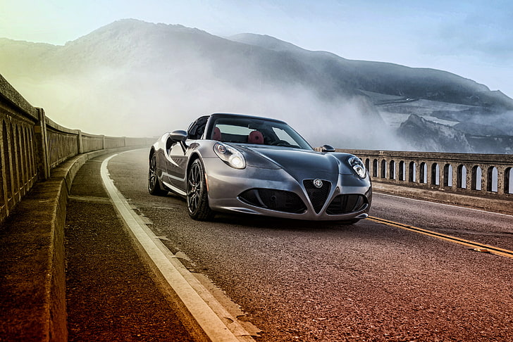 gray ALFA ROMEO coupe, 4c, spider, us-spec, side view, car, land Vehicle, HD wallpaper