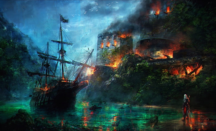 Assassins Creed IV Black Flag Artwork, pirate ship wallpaper, HD wallpaper