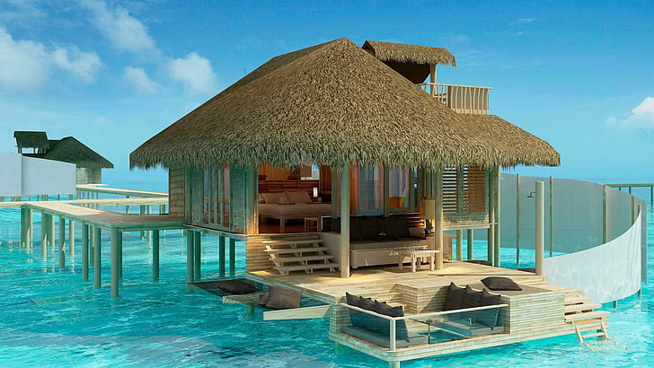 bungalow, resort, vacation, hut, overwater, leisure, exotic, HD wallpaper