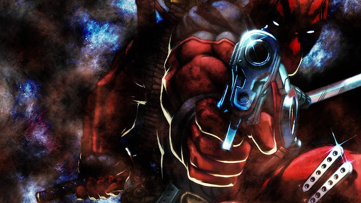 Deadpool, gun, artwork, indoors, illuminated, close-up, night, HD wallpaper