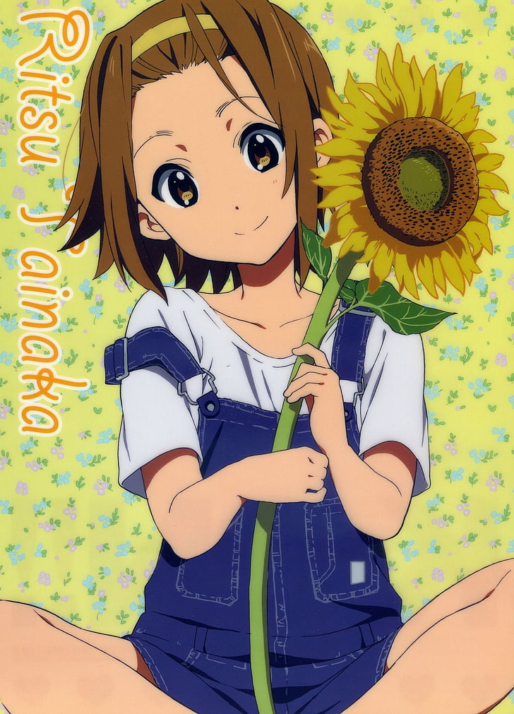 K-ON!, Tainaka Ritsu, sunflowers, brunette, one person, child, HD wallpaper