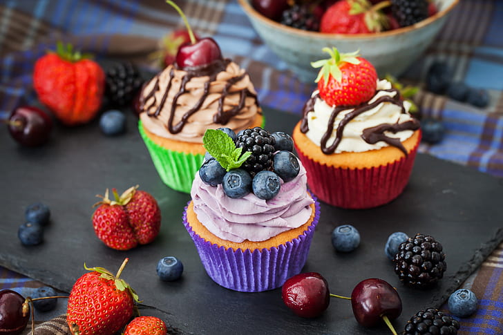 Food, Cupcake, Berry, Blackboard, Blueberry, Cherry, Cream, HD wallpaper