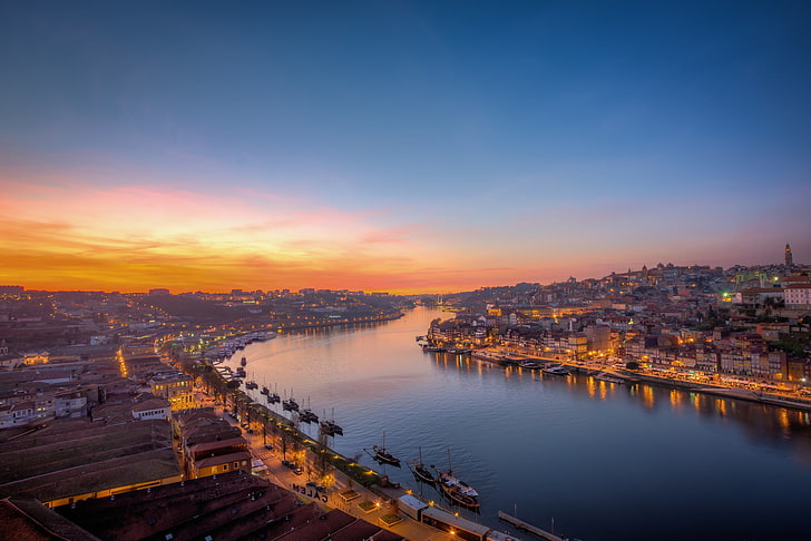 bridge, the city, lights, river, dawn, Portugal, Porto, sky, HD wallpaper