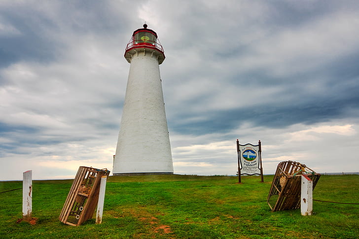 white and red lighthouse on green grass under cloudy sky, Point Prim Lighthouse, HD wallpaper