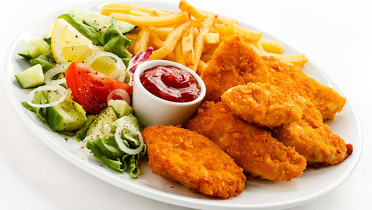 chicken fillet with fries and dip, fried chicken, French fries