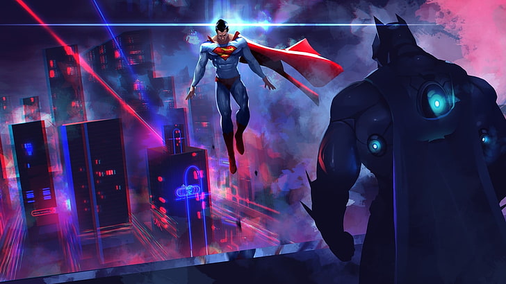DC Comics Superman vs Batman illustration, artwork, neon, Batman v Superman: Dawn of Justice, HD wallpaper