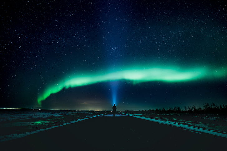 landscape, dark, Iceland, aurorae, night, flashlight, long exposure, HD wallpaper