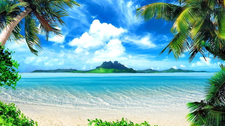 beach digital wallpaper, coast, azure, resort, sky, clouds, solarly, HD wallpaper
