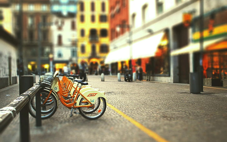 bicycles, blur, cityscapes, groceries, streets, tiltshift, HD wallpaper