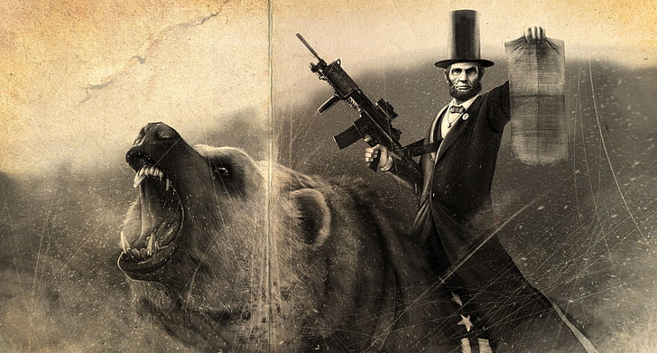 Abraham Lincoln, humor, artwork, bears, men, machine gun, sepia, HD wallpaper
