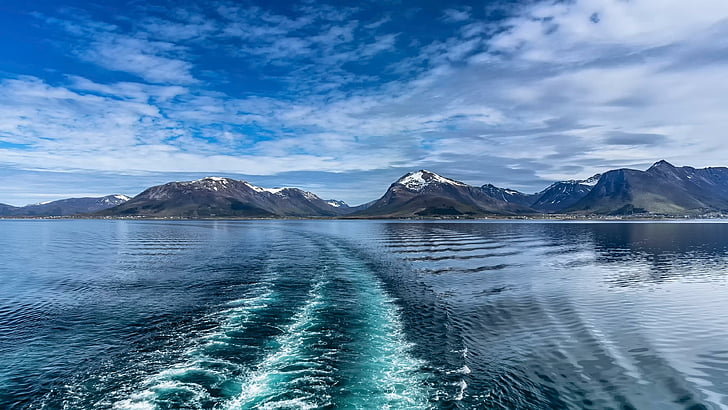 sea, mountain, sky, nature, cloud, coastline, lofoten, fjord