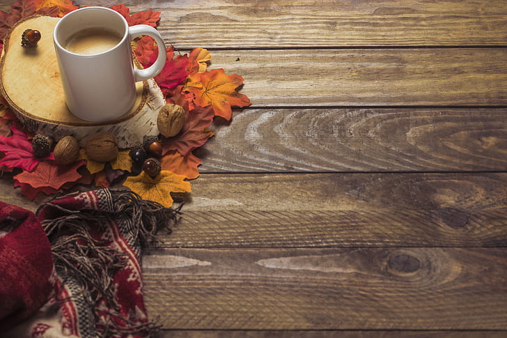 autumn, leaves, background, tree, coffee, colorful, scarf, Cup, HD wallpaper