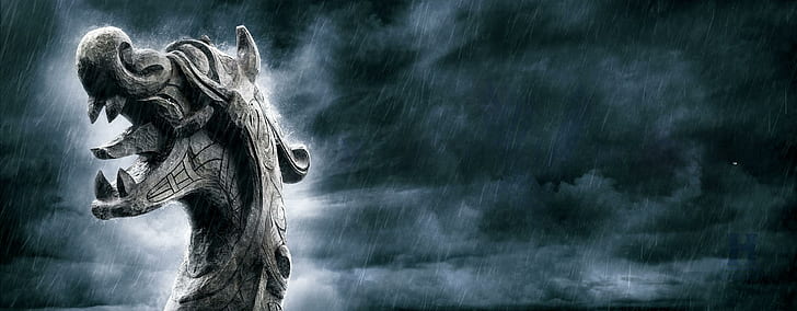 vikings, drakkar, tongue, teeth, dragon, rain, gray concrete dragon head statue
