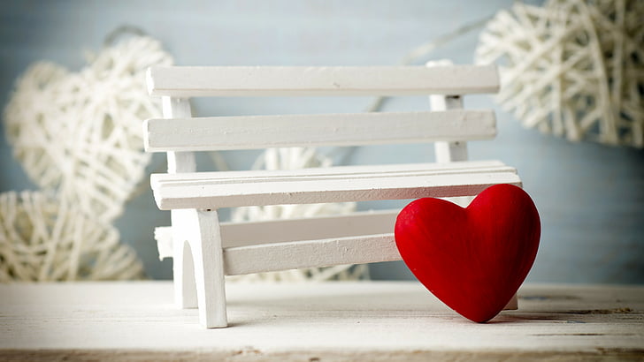 red heart decor beside white bench miniature photography, Valentine's Day, HD wallpaper